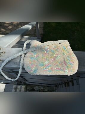 Vintage Handmade Beaded Pastel Leaf and Flowers Shoulder Bag